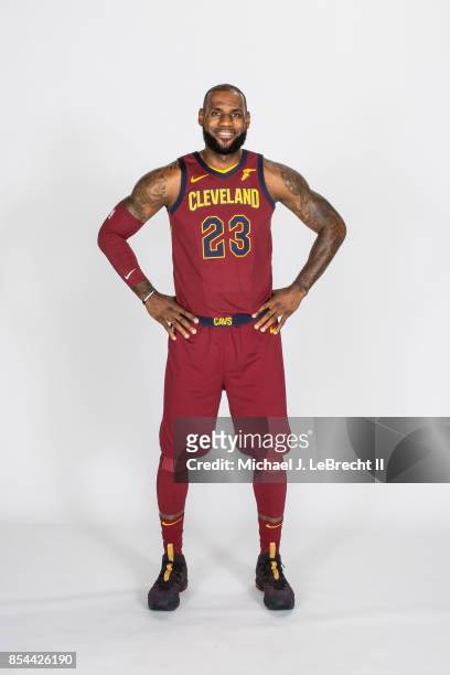 LeBron James of the Cleveland Cavaliers poses for a portrait during the 2017-18 NBA Media Day on September 25, 2017 at Quicken Loans Arena in...
