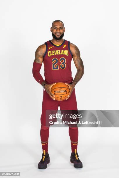 LeBron James of the Cleveland Cavaliers poses for a portrait during the 2017-18 NBA Media Day on September 25, 2017 at Quicken Loans Arena in...