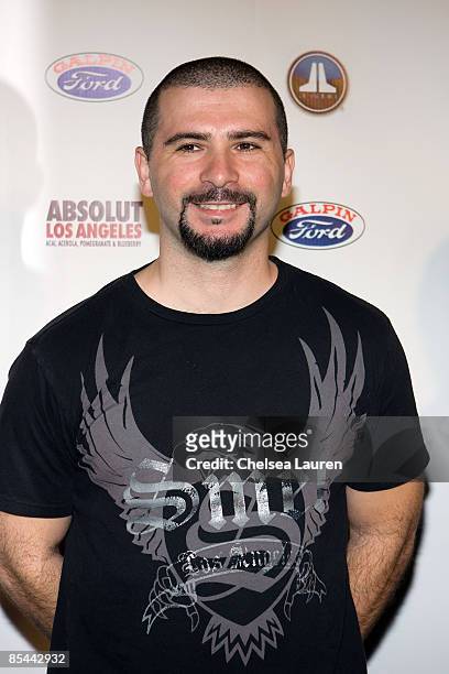 Dummer John Dolmayan of System of a Down arrives at the Official Grand Opening of Galpin Auto Sports on October 18, 2008 in Van Nuys, California.