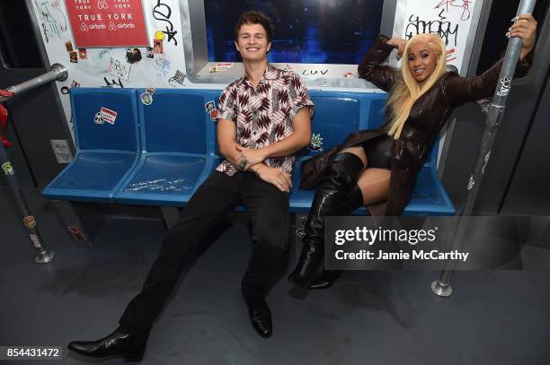 Ansel Elgort and Cardi B pose during Airbnb's New York City Experiences Launch Event on September 26, 2017 in the Brooklyn borough of New York City...