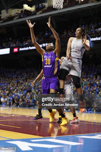 Nneka Ogwumike of the Los Angeles Sparks shoots the ball against Plenette Pierson of the Minnesota Lynx in Game Two of the 2017 WNBA Finals on...