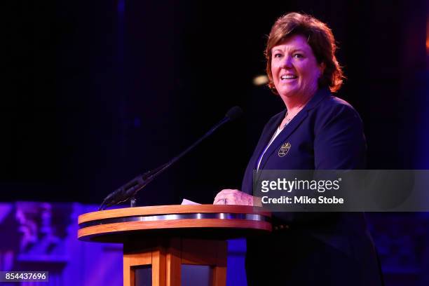 Meg Mallon speaks on stage as she is inducted into the 2017 World Golf Hall Of Fame on September 26, 2017 in New York City.