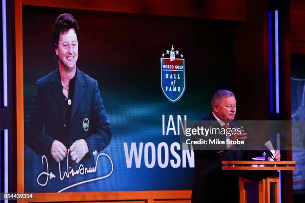 Ian Woosnam speaks on stage as he is inducted into the 2017 World Golf Hall Of Fame on September 26, 2017 in New York City.