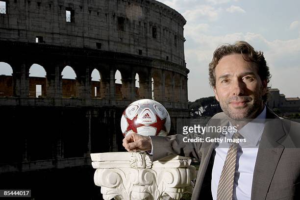 Marketing director Adidas Italia Winand Krawinkel poses with the official ball for this year's UCL Final in Rome at the Colle Oppio in front of the...