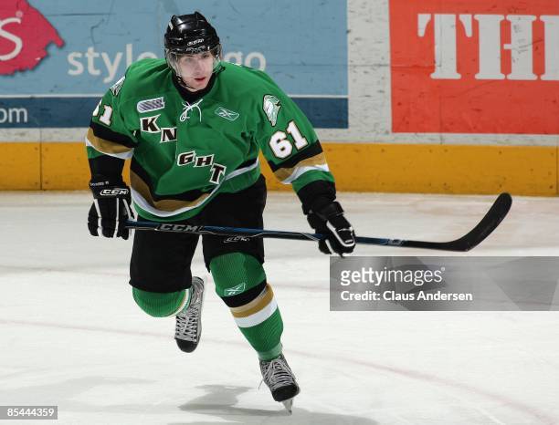 John Tavares of the London Knights skates in a game against the Saginaw Spirit on March 13, 2009 at the John Labatt Centre in London, Ontario. The...