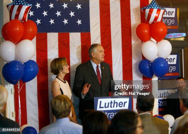 Sen. Luther Strange with wife Melissa at his side, makes his concession speech after losing to Roy Moore in a GOP runoff election on September 26,...