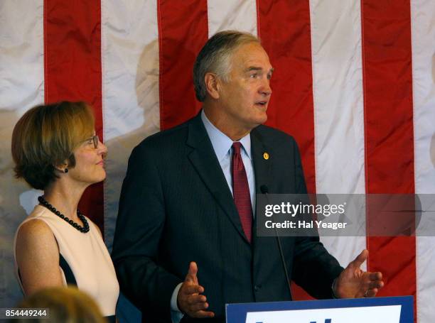 Sen. Luther Strange with wife Melissa at his side, makes his concession speech after losing to Roy Moore in a GOP runoff election on September 26,...