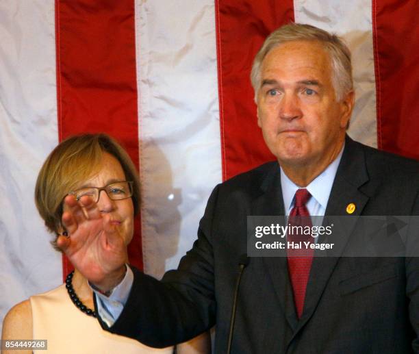 Sen. Luther Strange with wife Melissa at his side, makes his concession speech after losing to Roy Moore in a GOP runoff election on September 26,...