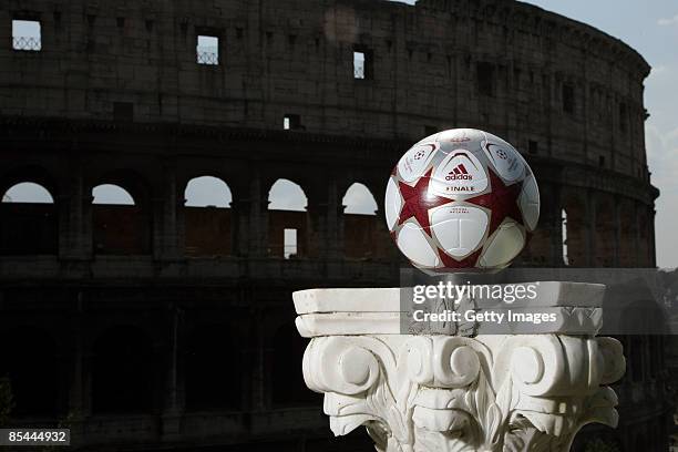 The official ball for this year's Uefa Champions League Final in Rome is displayed at the Colle Oppio in front of the Colosseum on March 16, 2009 in...