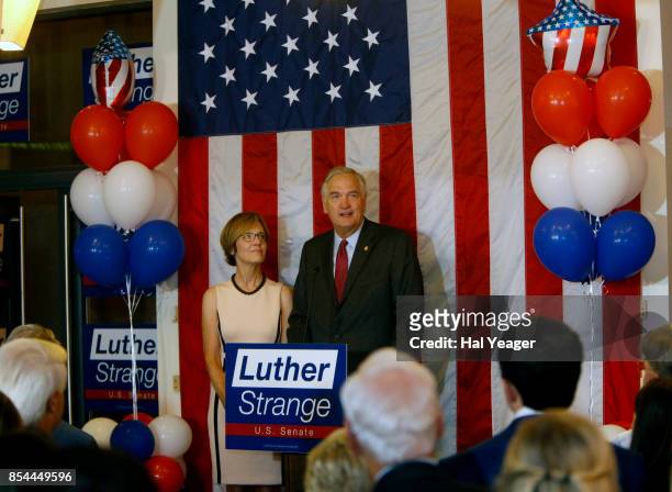 Sen. Luther Strange with wife Melissa at his side, makes his concession speech after losing to Roy Moore in a GOP runoff election on September 26,...