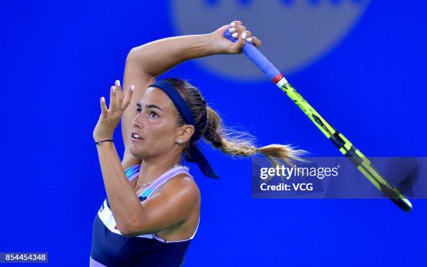 Monica Puig of Puerto Rico reacts during the second round Ladies Singles match against Peng Shuai of China on Day 3 of 2017 Dongfeng Motor Wuhan Open...