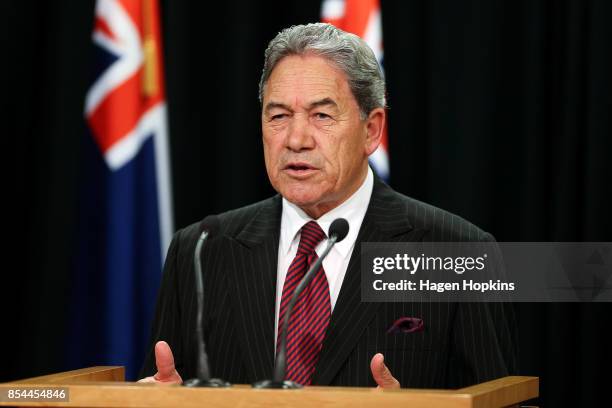 First leader Winston Peters speaks during a press conference at the Beehive Theatrette on September 27, 2017 in Wellington, New Zealand. With results...