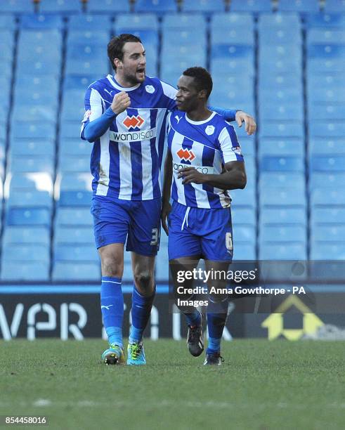 Sheffield Wednesday's Atdhe Nuhiu celebrates with Jose Semedo after scoring his side's second goal during the Sky Bet Championship match at...