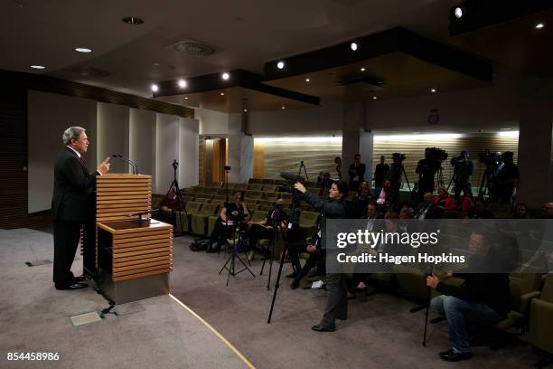 First leader Winston Peters speaks to media during a press conference at the Beehive Theatrette on September 27, 2017 in Wellington, New Zealand....