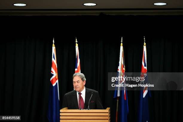 First leader Winston Peters speaks during a press conference at the Beehive Theatrette on September 27, 2017 in Wellington, New Zealand. With results...