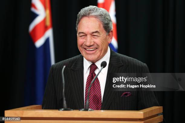 First leader Winston Peters speaks during a press conference at the Beehive Theatrette on September 27, 2017 in Wellington, New Zealand. With results...