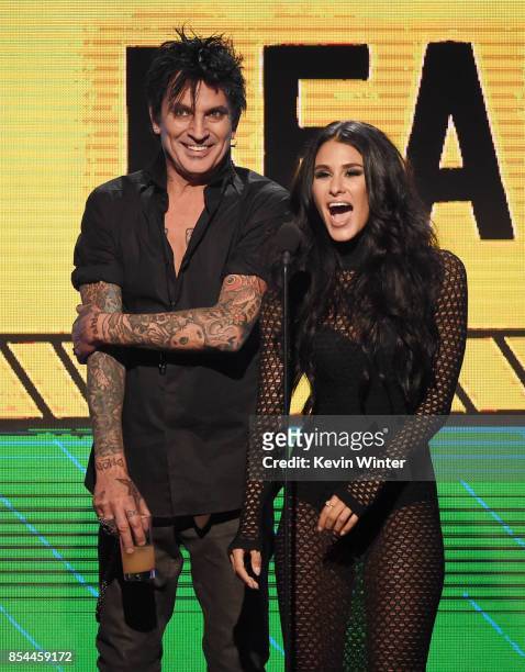 Tommy Lee and Brittany Furlan onstage during the 2017 Streamy Awards at The Beverly Hilton Hotel on September 26, 2017 in Beverly Hills, California.