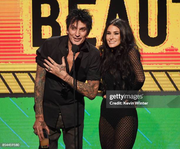 Tommy Lee and Brittany Furlan onstage during the 2017 Streamy Awards at The Beverly Hilton Hotel on September 26, 2017 in Beverly Hills, California.