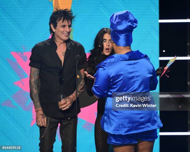 Tommy Lee, Brittany Furlan, and Patrick Starr onstage during the 2017 Streamy Awards at The Beverly Hilton Hotel on September 26, 2017 in Beverly...