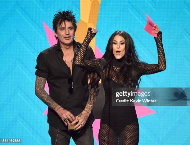 Tommy Lee and Brittany Furlan onstage during the 2017 Streamy Awards at The Beverly Hilton Hotel on September 26, 2017 in Beverly Hills, California.