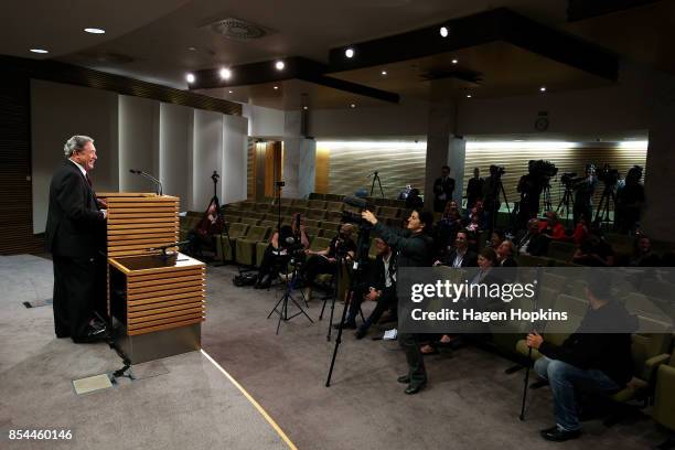 First leader Winston Peters speaks to media during a press conference at the Beehive Theatrette on September 27, 2017 in Wellington, New Zealand....