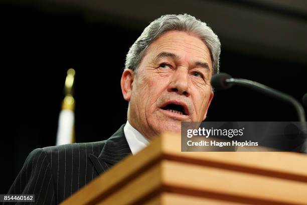 First leader Winston Peters speaks during a press conference at the Beehive Theatrette on September 27, 2017 in Wellington, New Zealand. With results...