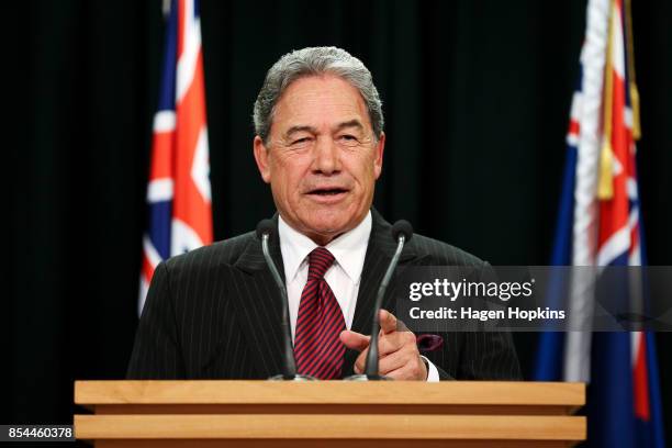 First leader Winston Peters speaks during a press conference at the Beehive Theatrette on September 27, 2017 in Wellington, New Zealand. With results...