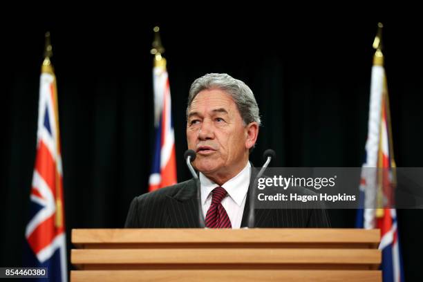 First leader Winston Peters speaks during a press conference at the Beehive Theatrette on September 27, 2017 in Wellington, New Zealand. With results...