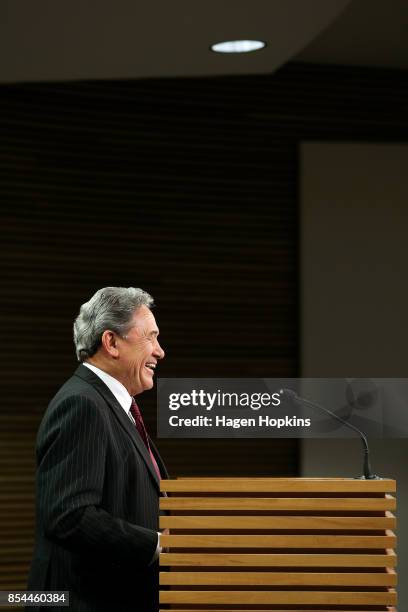 First leader Winston Peters speaks during a press conference at the Beehive Theatrette on September 27, 2017 in Wellington, New Zealand. With results...