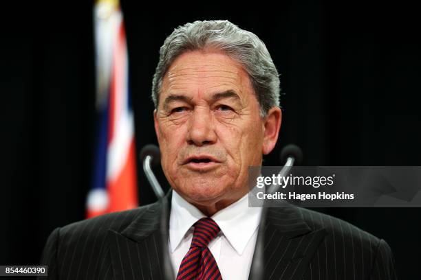 First leader Winston Peters speaks during a press conference at the Beehive Theatrette on September 27, 2017 in Wellington, New Zealand. With results...