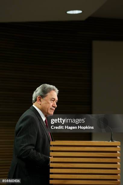 First leader Winston Peters speaks during a press conference at the Beehive Theatrette on September 27, 2017 in Wellington, New Zealand. With results...