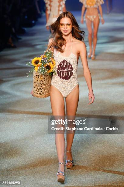 Model walks the runway during the Etam Spring Summer 2018 show as part of Paris Fashion Week at on September 26, 2017 in Paris, France.