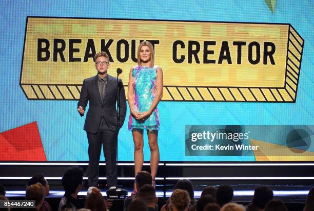 Tyler Oakley and Grace Helbig onstage during the 2017 Streamy Awards at The Beverly Hilton Hotel on September 26, 2017 in Beverly Hills, California.