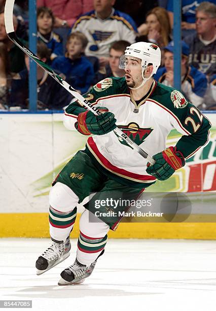 Cal Clutterbuck of the Minnesota Wild skates against the St. Louis Blues on March 15, 2009 at Scottrade Center in St. Louis, Missouri.