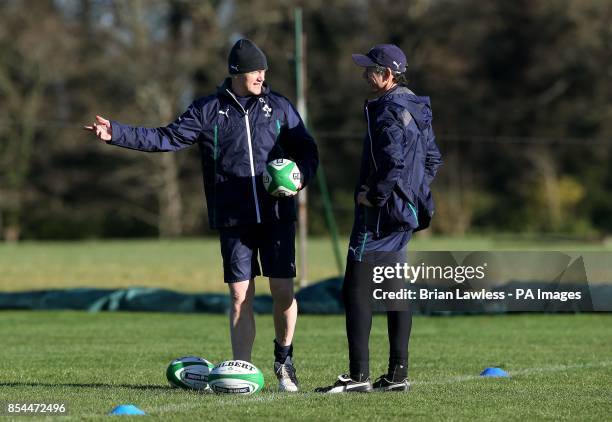 Head coach Joe Schmidt and Assistant coach Les Kiss during the training session at Carton House, Dublin, Ireland.