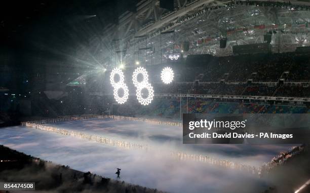 The Olympic rings, as one fails to open, during the Opening Ceremony for the 2014 Sochi Olympic Games in Sochi, Russia.