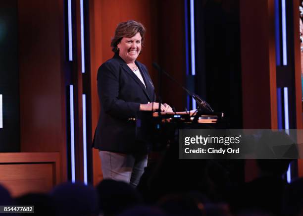 World Golf Hall of Fame Inductee Meg Mallon speaks on stage during the 2017 World Golf Hall of Fame Induction Ceremony on September 26, 2017 in New...