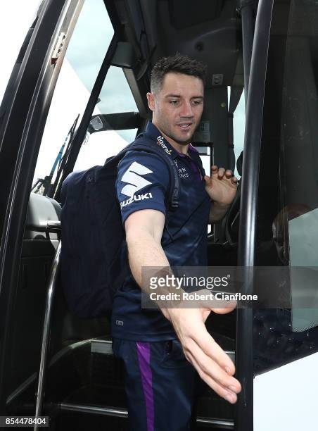 Cooper Cronk of the Storm is seen leaving AAMI Park, as the players board a bus to the airport for their flight to Sydney ahead of the 2017 NRL Grand...