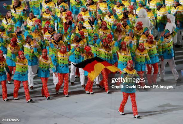 German athletes wear colourful outfits during the Opening Ceremony for the 2014 Sochi Olympic Games in Sochi, Russia.