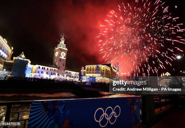 Crowds gather to watch the fireworks after watching the opening ceremony for the 2014 Sochi Olympic Games on giant tv screens in Rosa Khutor, Russia.