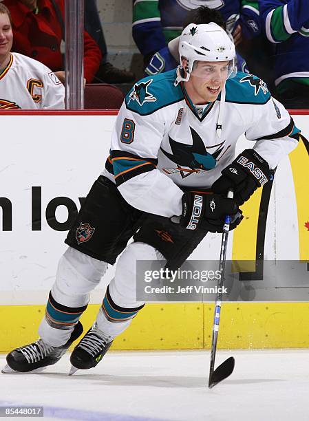 Joe Pavelski of the San Jose Sharks skates up ice during their game against the Vancouver Canucks at General Motors Place on March 7, 2009 in...