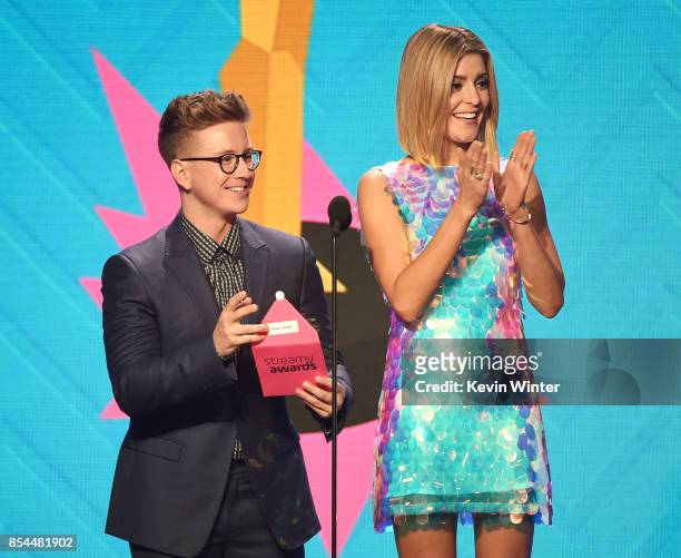 Tyler Oakley and Grace Helbig onstage during the 2017 Streamy Awards at The Beverly Hilton Hotel on September 26, 2017 in Beverly Hills, California.