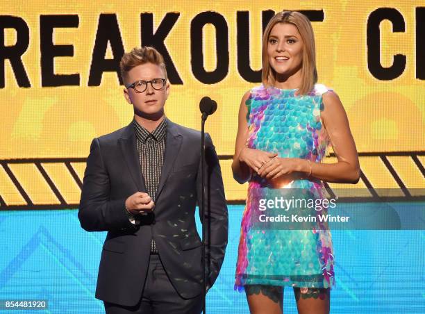 Tyler Oakley and Grace Helbig onstage during the 2017 Streamy Awards at The Beverly Hilton Hotel on September 26, 2017 in Beverly Hills, California.
