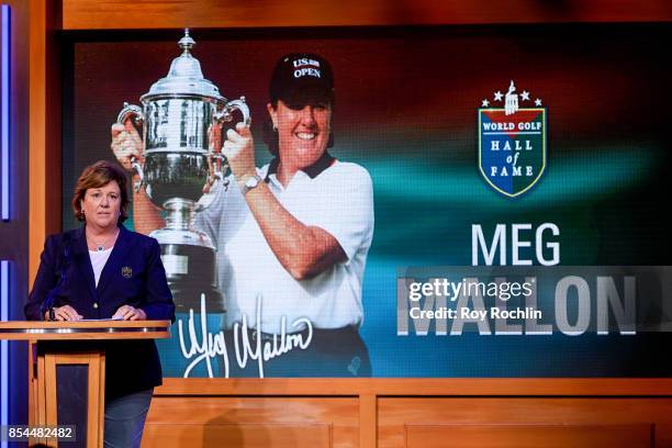 Meg Mallon is on stage as she is inducted into the World Golf Hall Of Fame on September 26, 2017 in New York City.