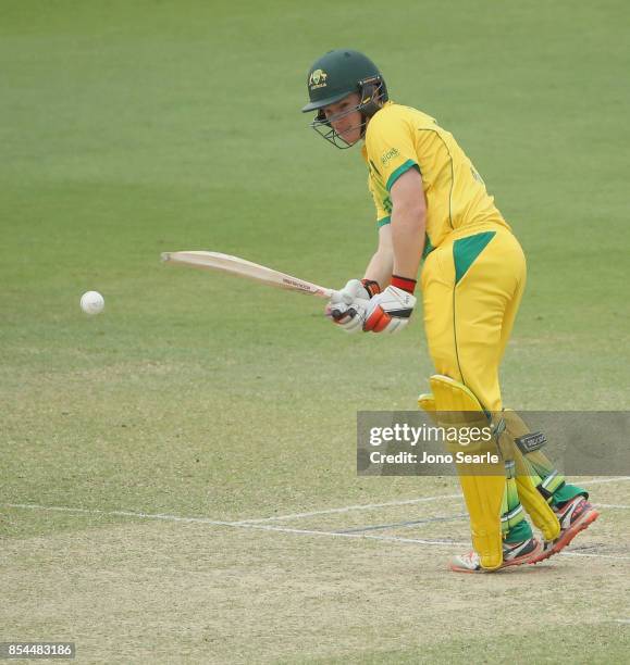 Max Bryant of the CA XI plays a shot during the JLT One Day Cup match between South Australia and the Cricket Australia XI at Allan Border Field on...