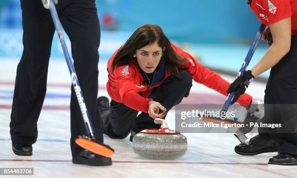 Great Britain's captain Eve Muirhead in the Curling Round Robin Session 3 at the Ice Cube Curling Centre during the 2014 Sochi Olympic Games in...