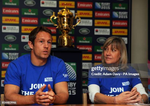 Jonny Wilkinson and Chief Executive of the England 2015 Organising Committee, Debbie Jevans during a photocall at Grasshoppers Rugby Club, Middlesex.