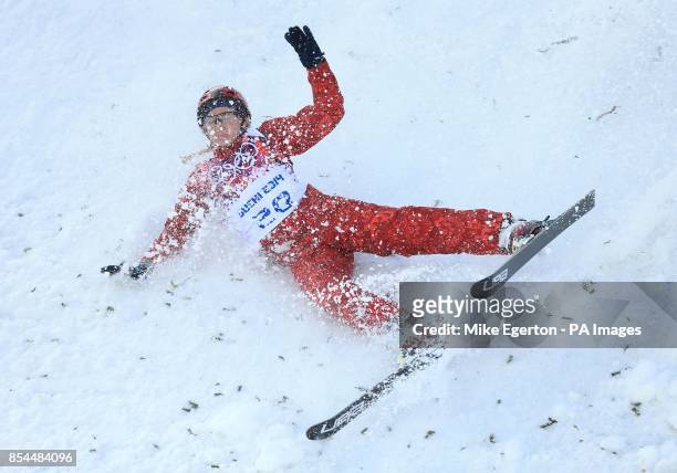 An Athlete crashes during practice for the Freestyle Skiing at the Rosa Khutor Extreme Park during the 2014 Sochi Olympic Games in Krasnaya Polyana,...
