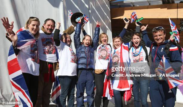 Great Britain's Lizzy Yarnold celebrates with friends and family her sister Charlotte, dad Clive, Mother Judith, sister Katie, Alison and Gemma...