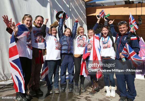 Great Britain's Lizzy Yarnold celebrates with friends and family her sister Charlotte, dad Clive, Mother Judith, sister Katie, Alison and Gemma...